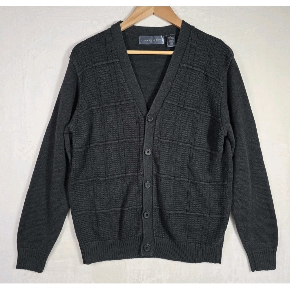 Oscar De La Renta 90s Vintage Cardigan Sweater Gray Textured Knit Men's L